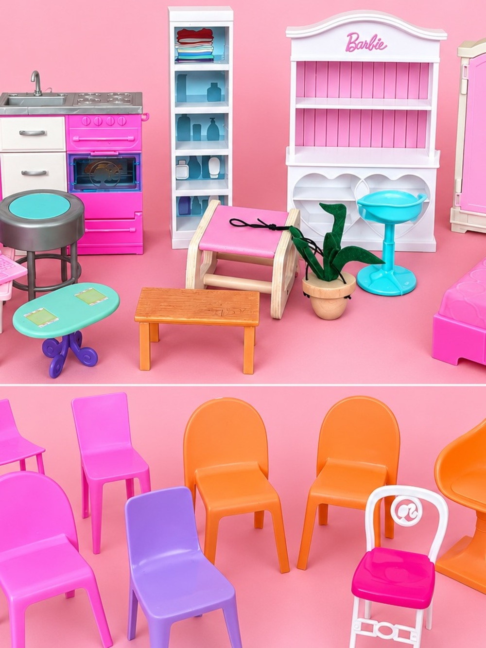 Barbie Dollhouse Furniture & Accessories Lot Bed Kitchen Closet Tables Chairs